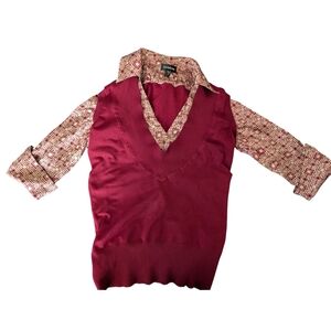 bebe Burgundy V-Neck Sweater Vest with Geometric Shirt Inset | Size: Small